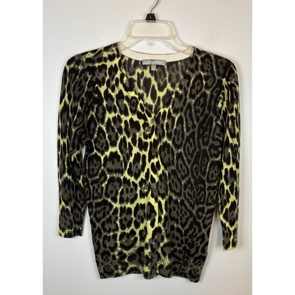 NEIMAN MARCUS Cashmere Cardigan Sweater Animal Print 3/4 Sleeve Button Large - Picture 1 of 10
